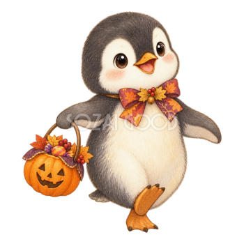 かぼちゃバスケットを運ぶペンギンのハロウィンイラスト95210