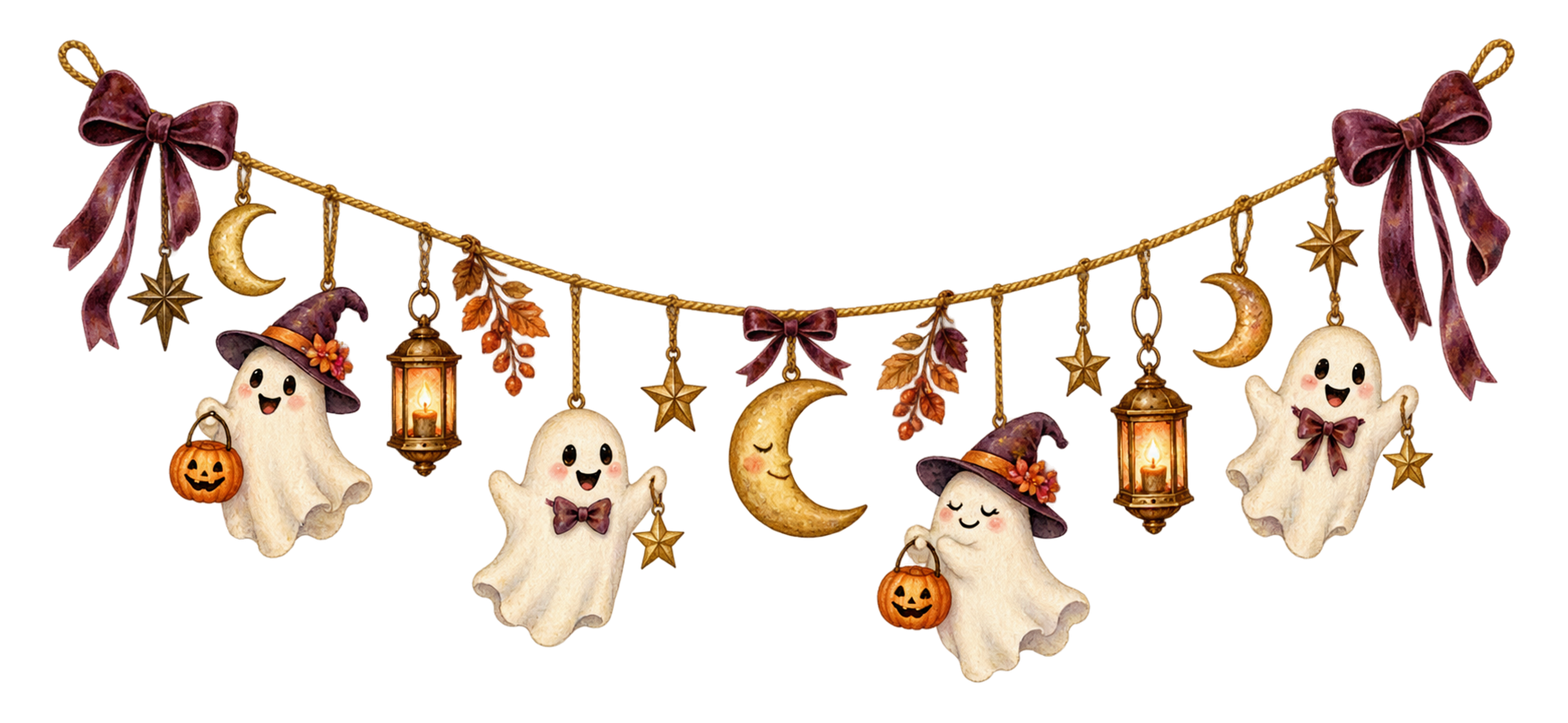 白いおばけと月のハロウィンガーランドイラスト｜無料素材95213に写真・文字を入れる