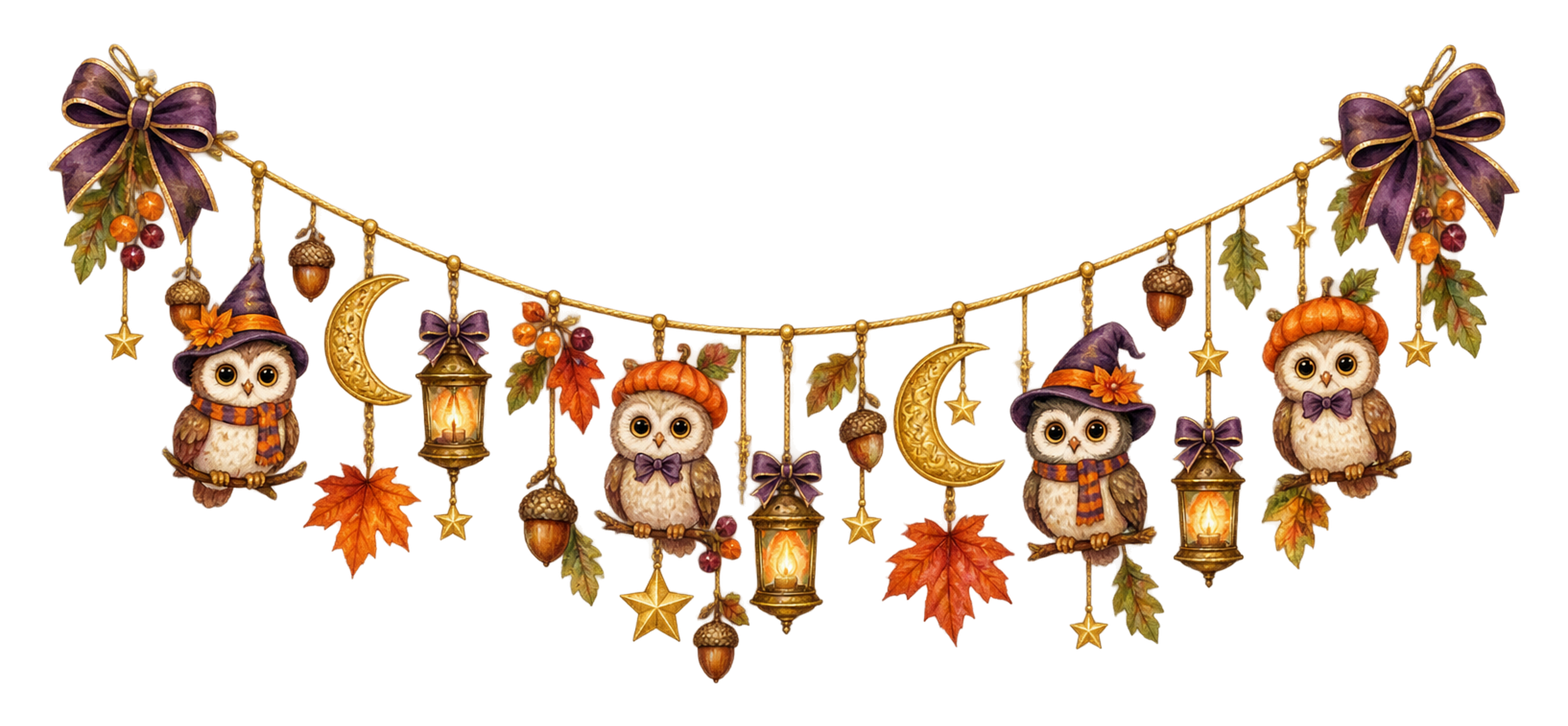 ふくろうと月のハロウィンガーランドイラスト｜無料素材95215に写真・文字を入れる