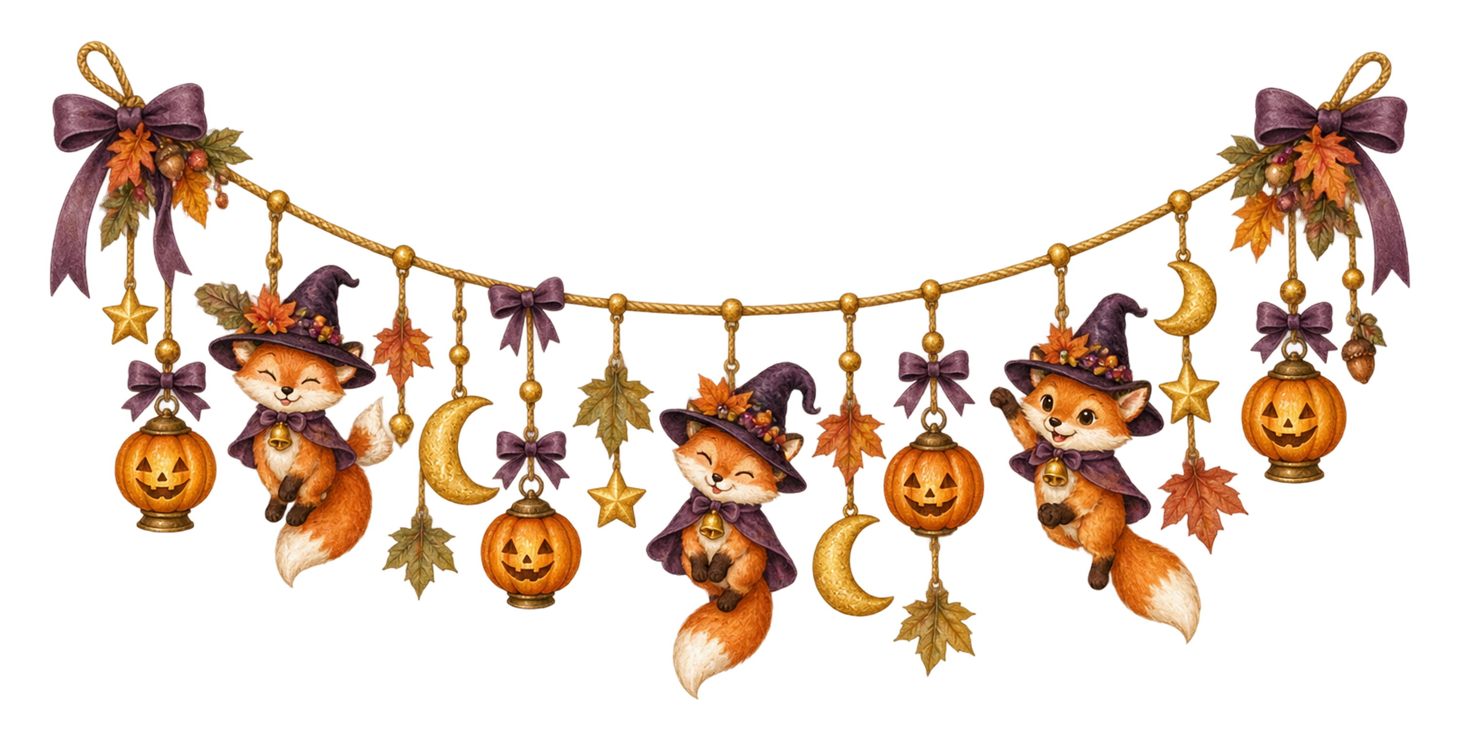 きつねと魔女帽子のハロウィンガーランドイラスト｜無料素材95223に写真・文字を入れる