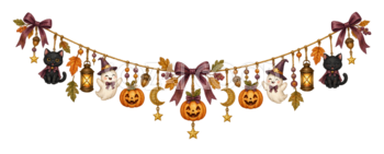 黒猫と白いおばけのハロウィンガーランドイラスト｜無料素材95225