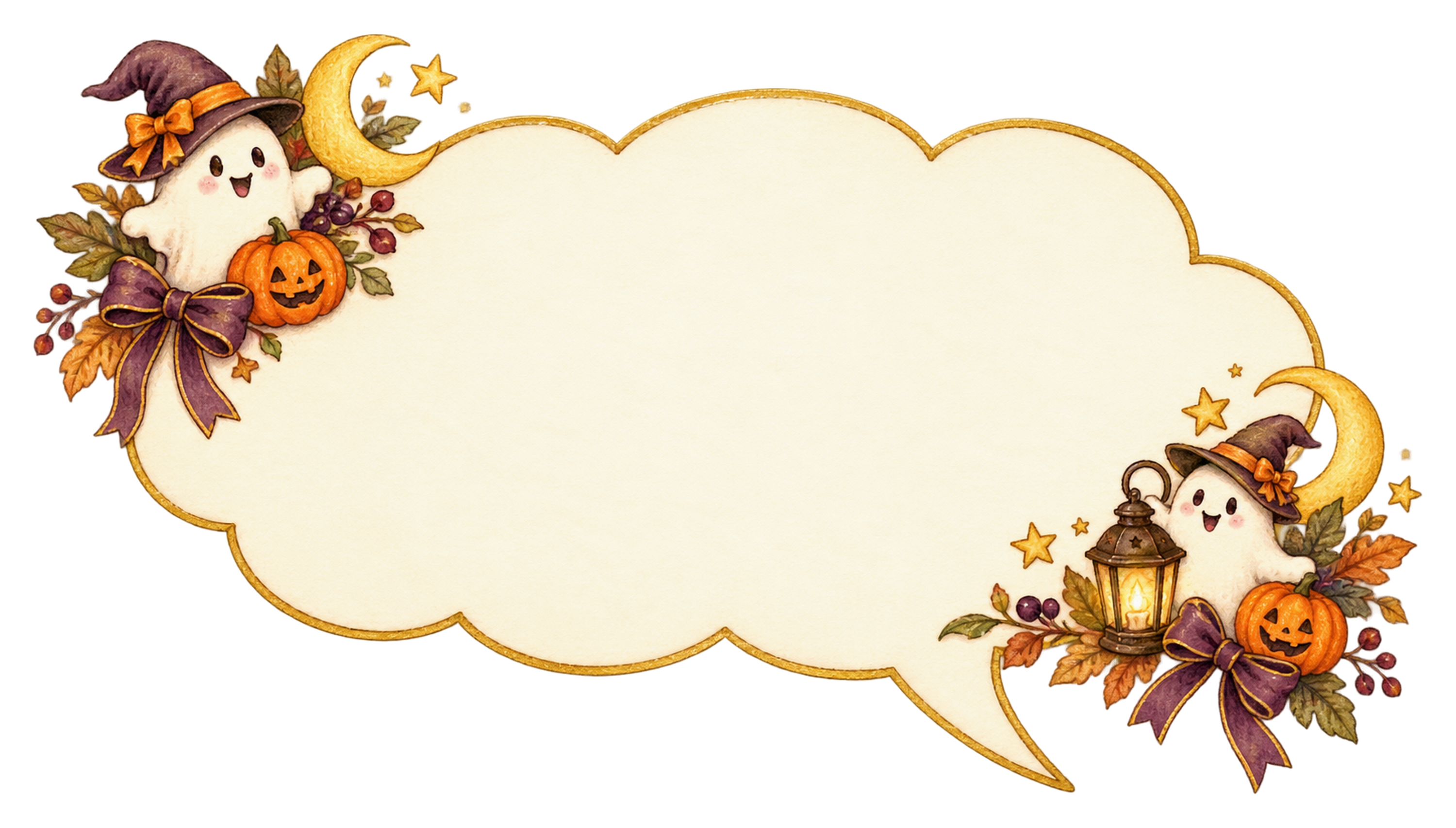 白いおばけと月のかわいいハロウィン吹き出しイラスト｜無料素材95234に写真・文字を入れる