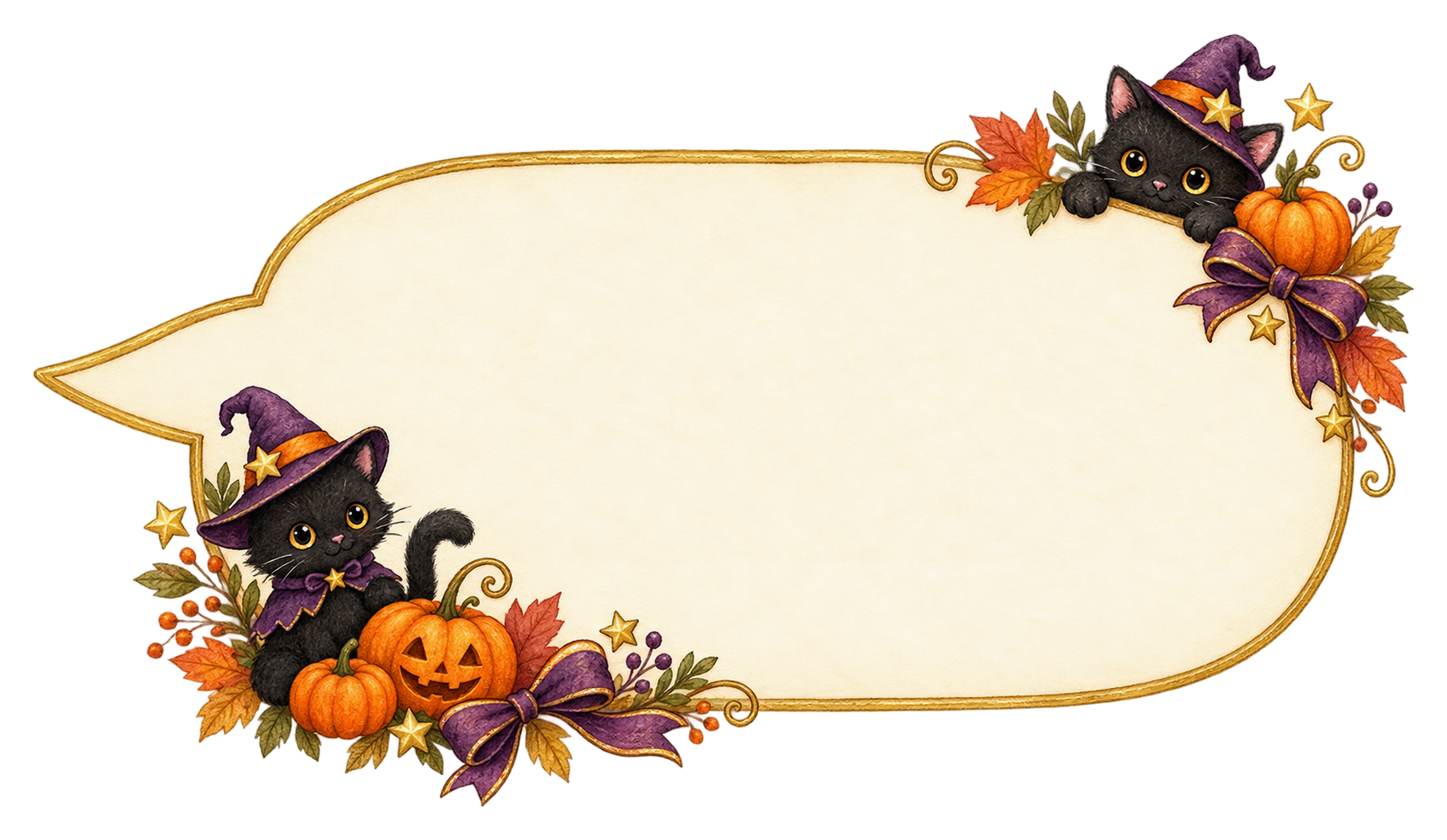 黒猫と魔女帽子のハロウィン吹き出しイラスト｜無料素材95235に写真・文字を入れる