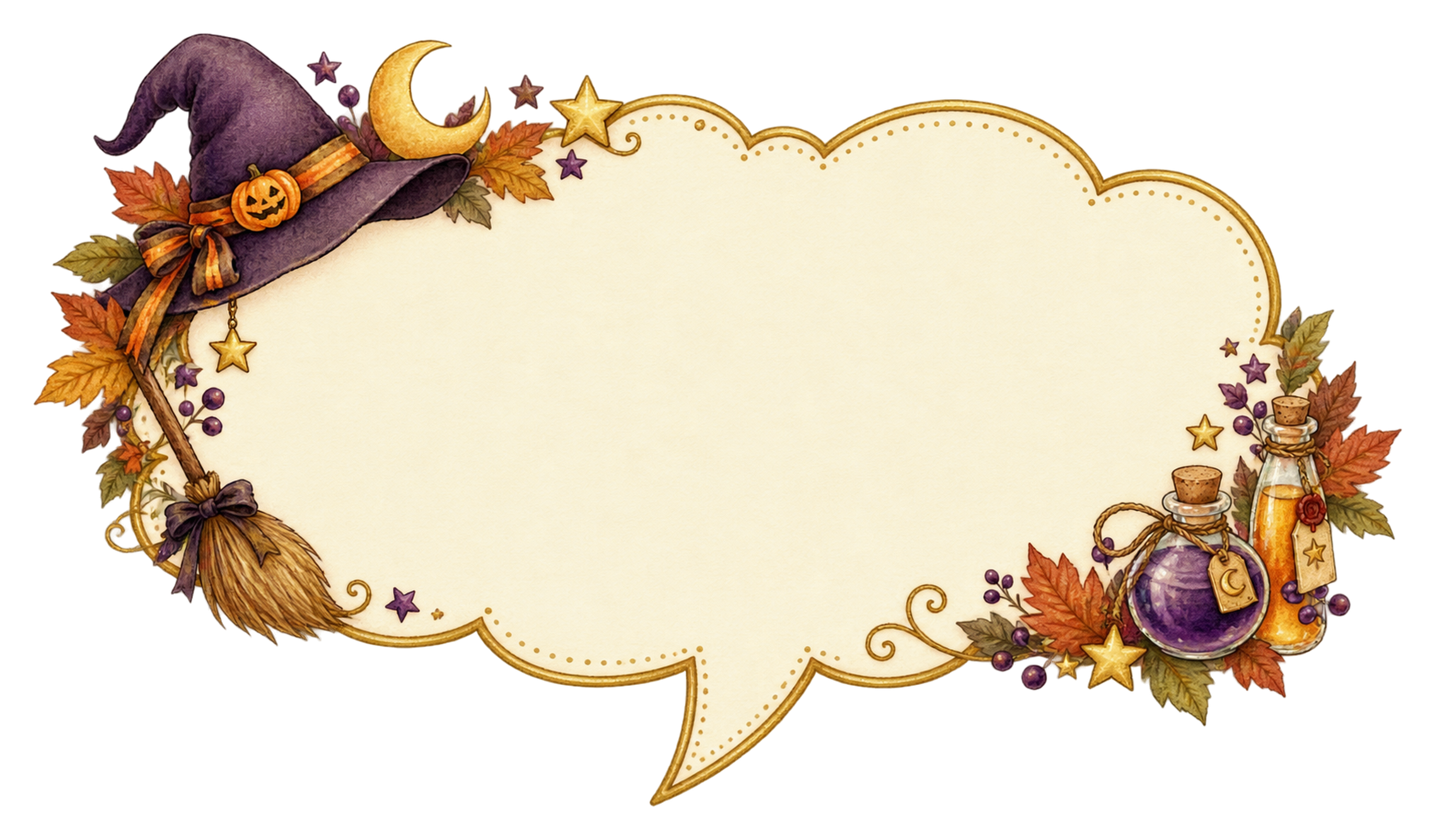 魔法道具と薬瓶のハロウィン吹き出しイラスト｜無料素材95236に写真・文字を入れる