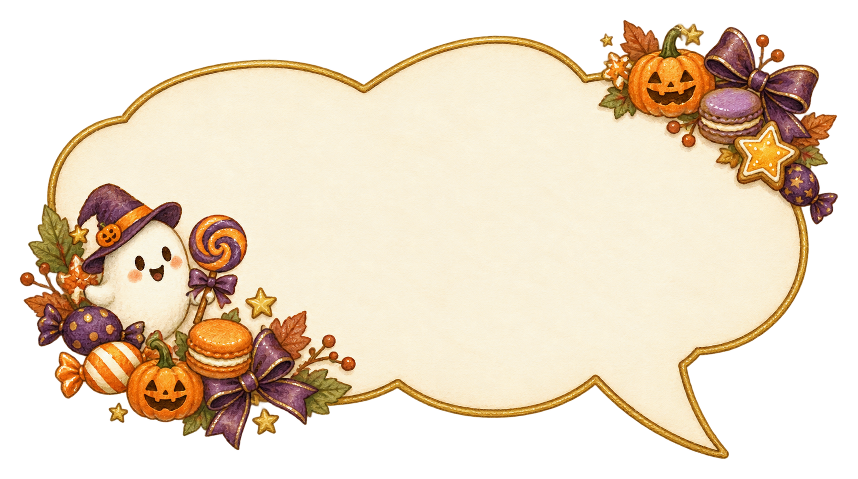 お菓子と小さなおばけのハロウィン吹き出しイラスト｜無料素材95237に写真・文字を入れる