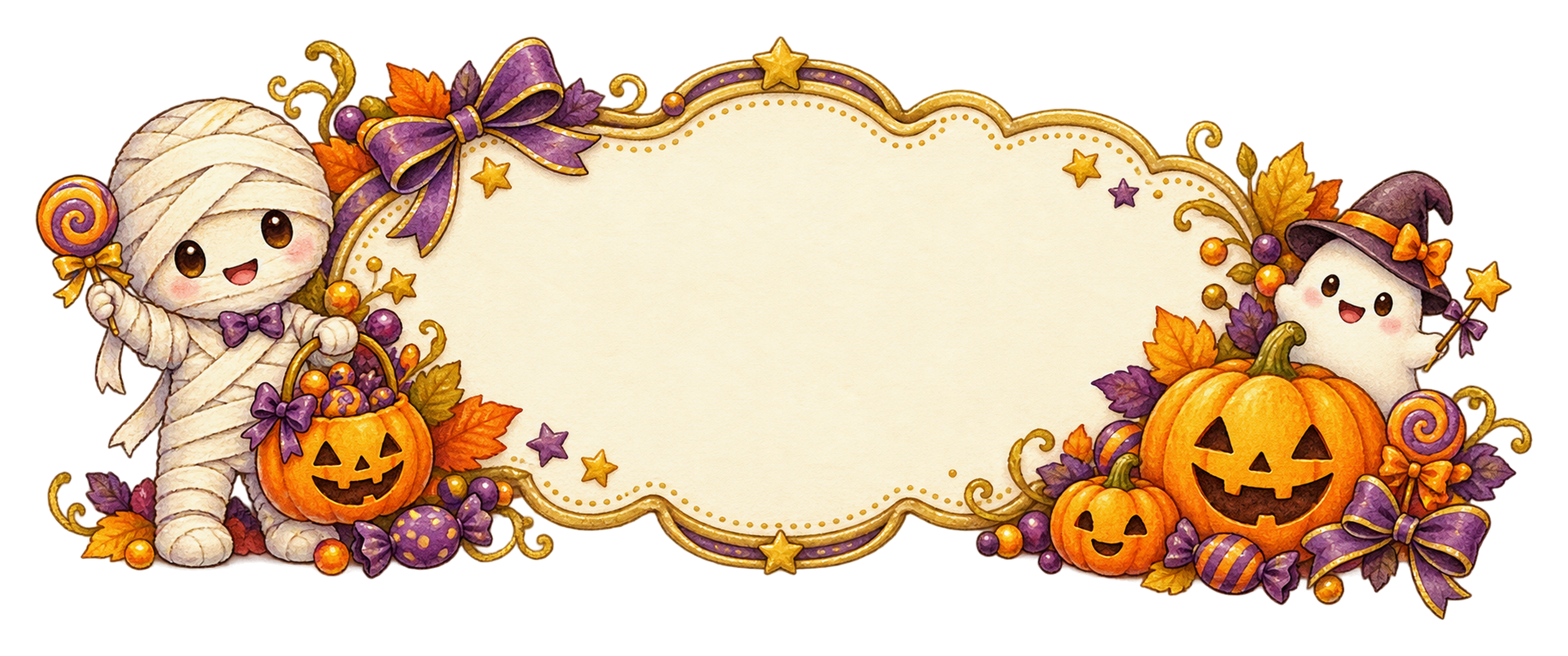 かわいいミイラとお菓子のハロウィン見出し飾りイラスト｜無料素材95251に写真・文字を入れる