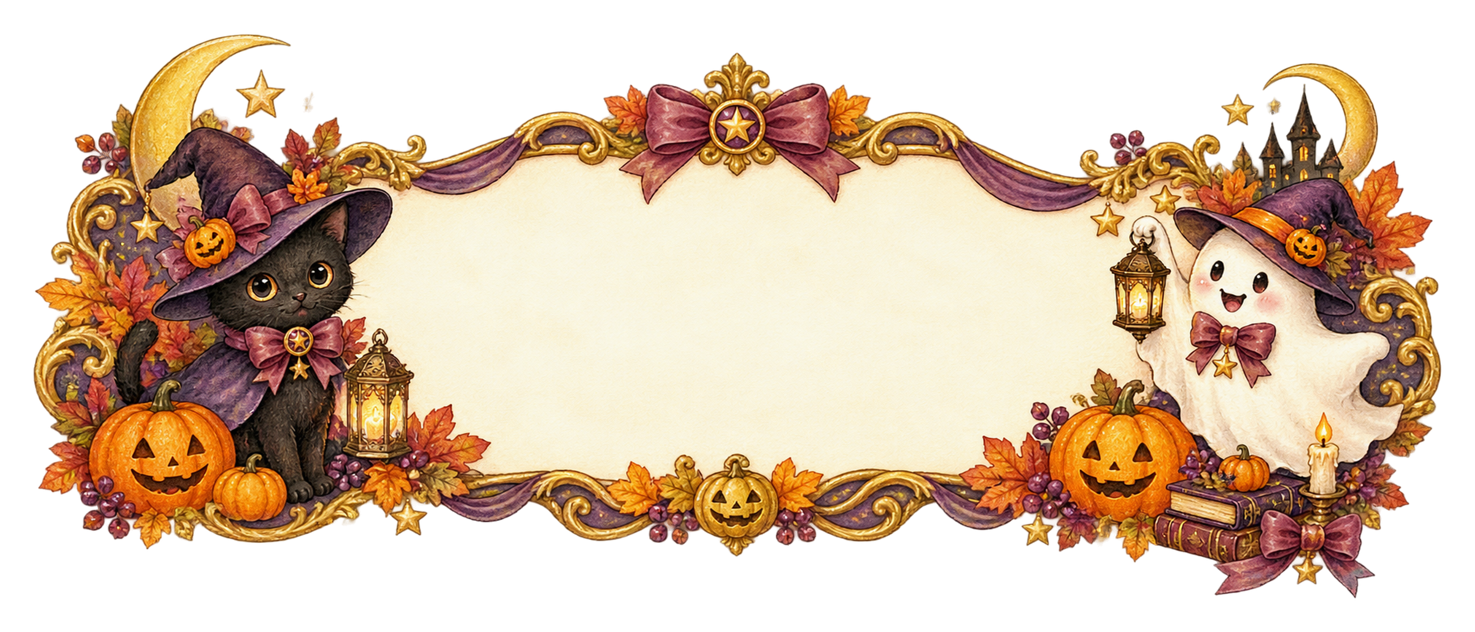 黒猫と白いおばけのハロウィン見出し飾りイラスト｜無料素材95252に写真・文字を入れる