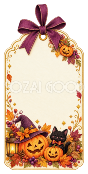 かぼちゃと紅葉のハロウィンギフトタグイラスト｜縦長ラベル素材95254