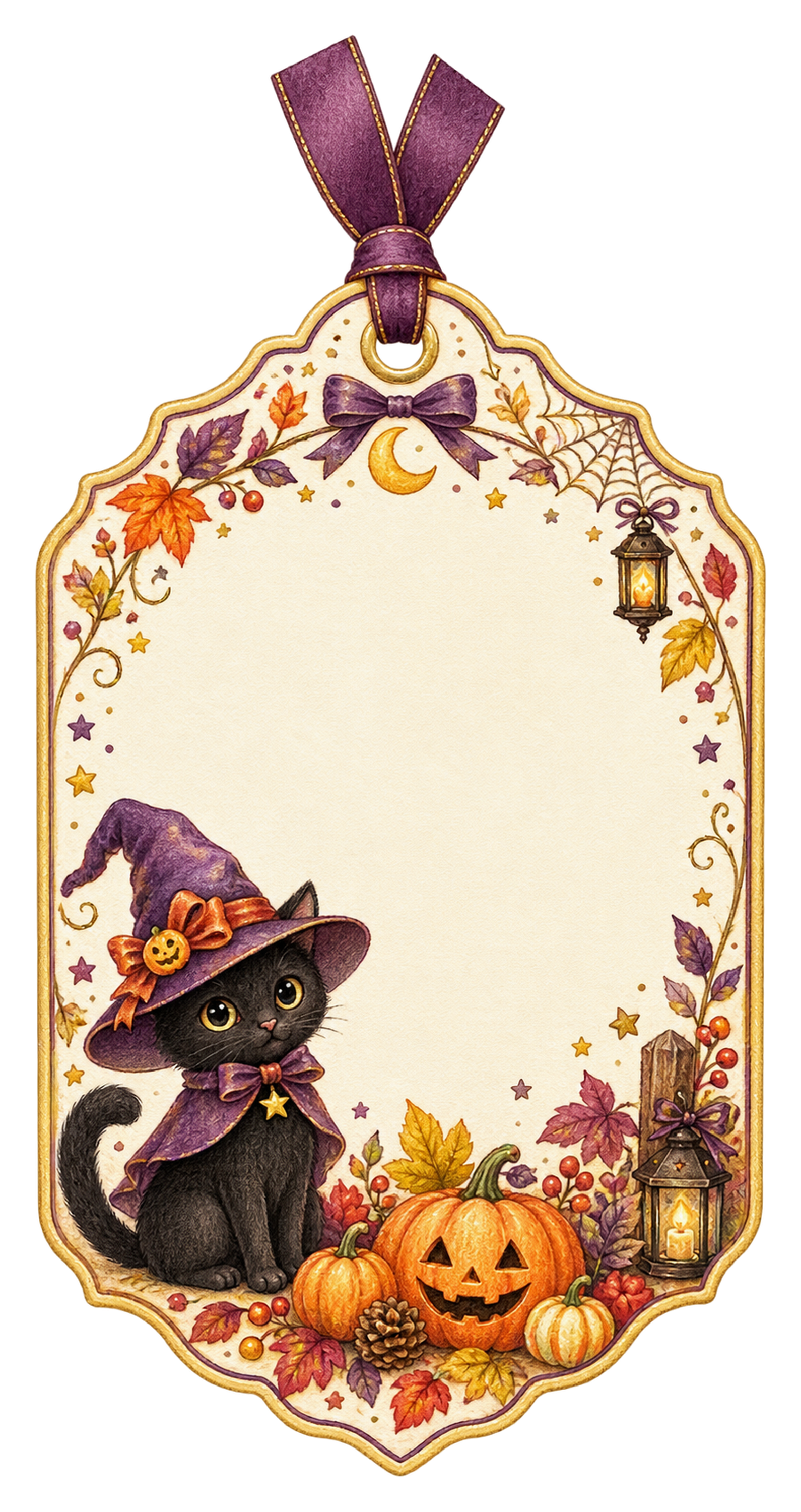 黒猫と魔女帽子のハロウィンギフトタグイラスト｜縦長ラベル素材95256に写真・文字を入れる