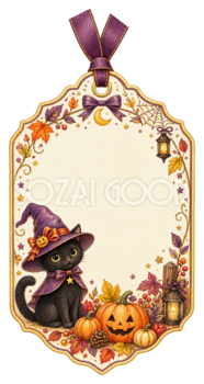 黒猫と魔女帽子のハロウィンギフトタグイラスト｜縦長ラベル素材95256