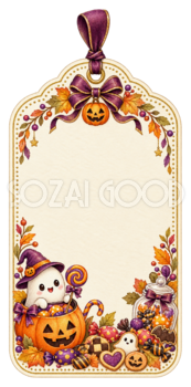お菓子と小さなおばけのハロウィンギフトタグイラスト｜無料素材95262