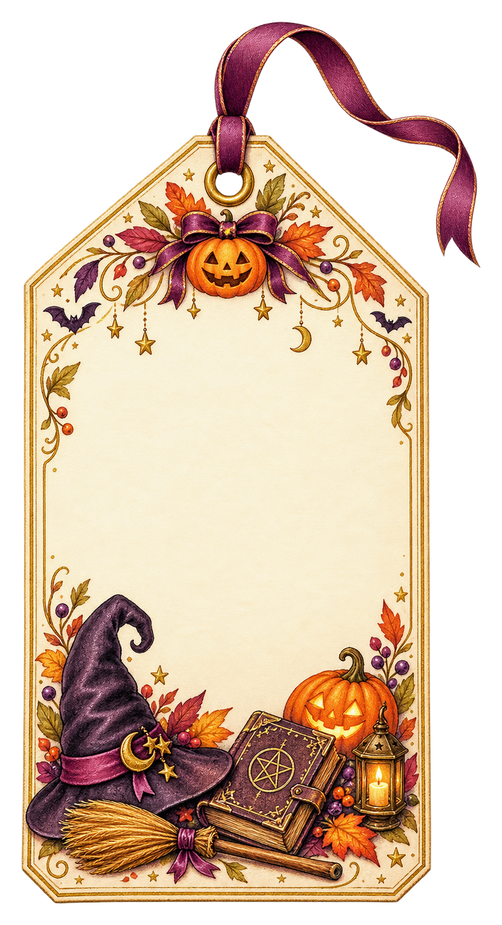 魔女帽子とほうきのハロウィンギフトタグイラスト｜縦長ラベル素材95264に写真・文字を入れる