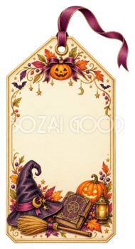 魔女帽子とほうきのハロウィンギフトタグイラスト｜縦長ラベル素材95264