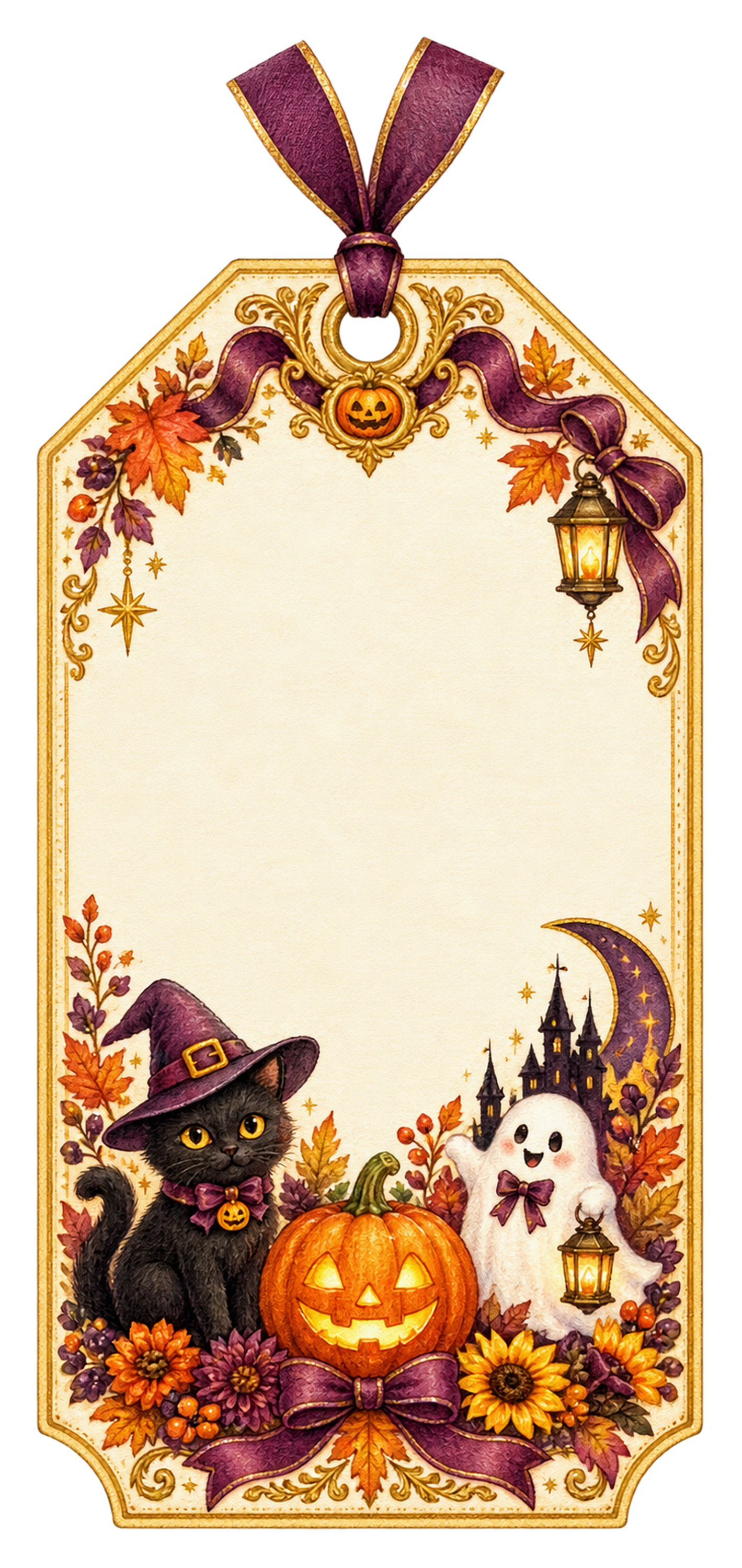 黒猫とおばけの華やかなハロウィンギフトタグイラスト｜無料素材95273に写真・文字を入れる