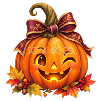ウインクするリボン付きかぼちゃのハロウィンイラスト95278