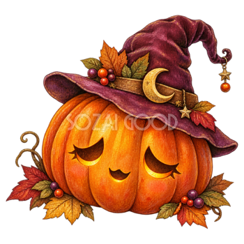 眠そうな魔女帽子のハロウィンかぼちゃイラスト95280