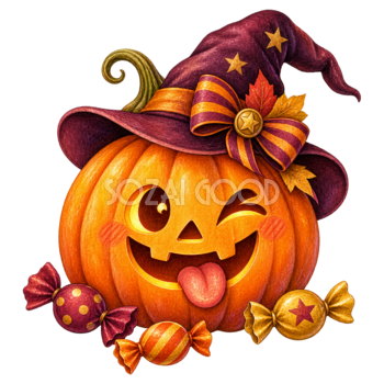 舌を出すハロウィンかぼちゃとお菓子のイラスト95285