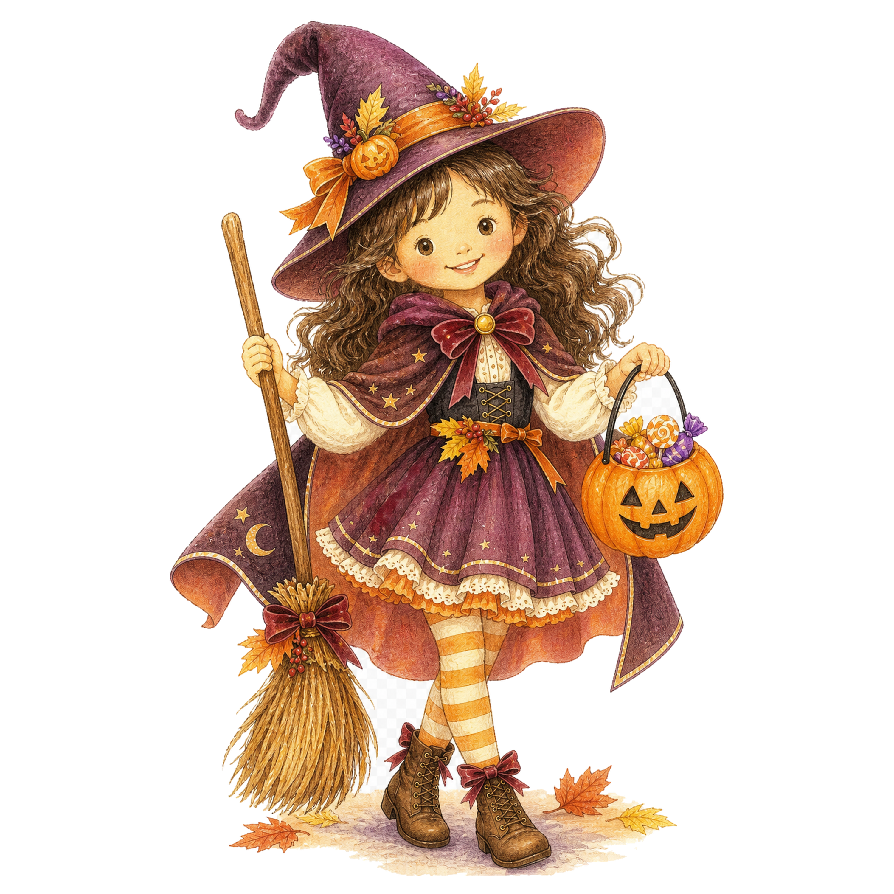 ほうきとお菓子バケツを持つ魔女の子どもイラスト｜ハロウィン無料素材95296に写真・文字を入れる