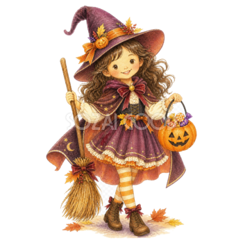 ほうきとお菓子バケツを持つ魔女の子どもイラスト｜ハロウィン無料素材95296