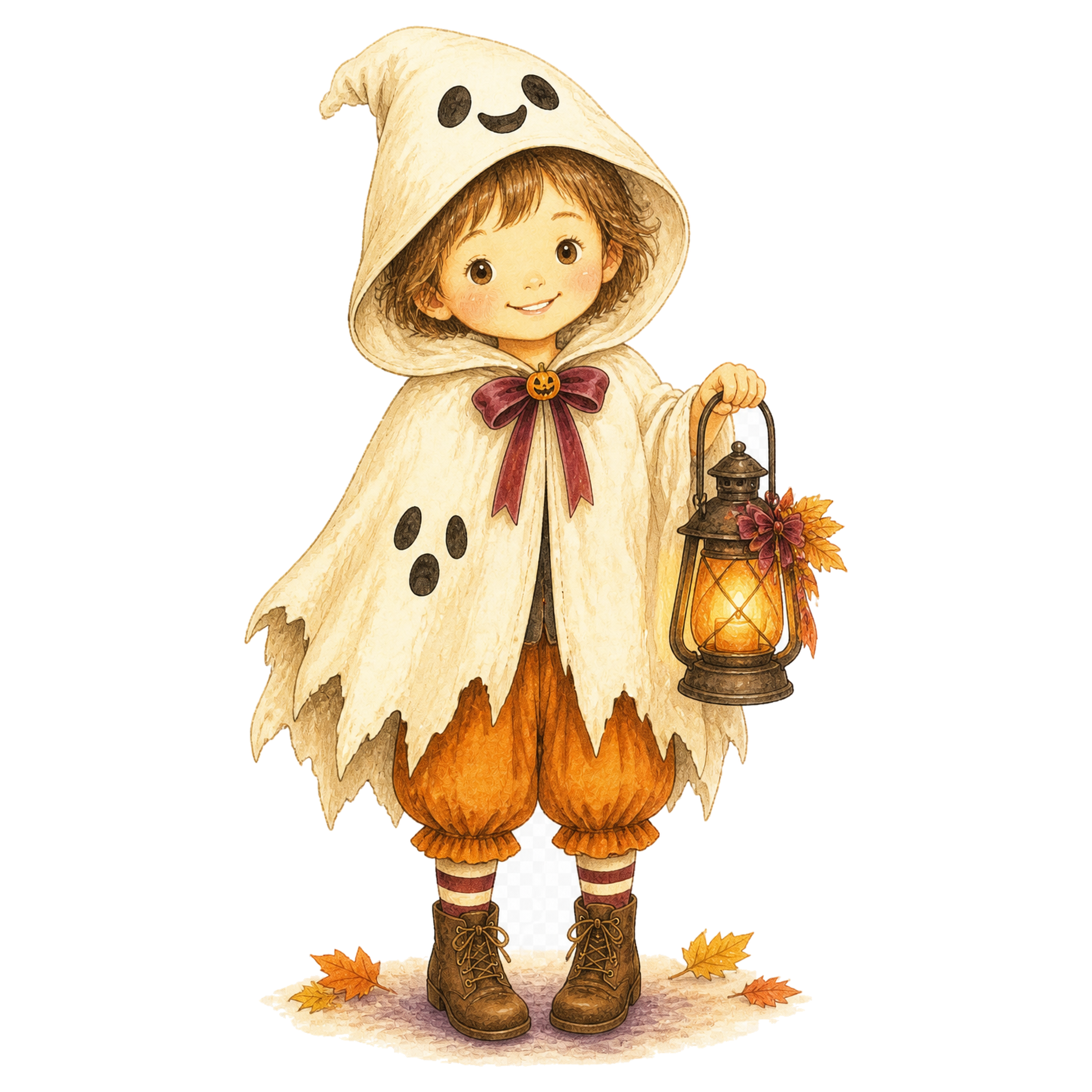ランタンを持つ白いおばけの子どもイラスト｜ハロウィン無料素材95297に写真・文字を入れる