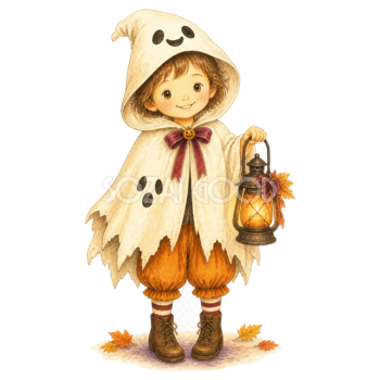 ランタンを持つ白いおばけの子どもイラスト｜ハロウィン無料素材95297