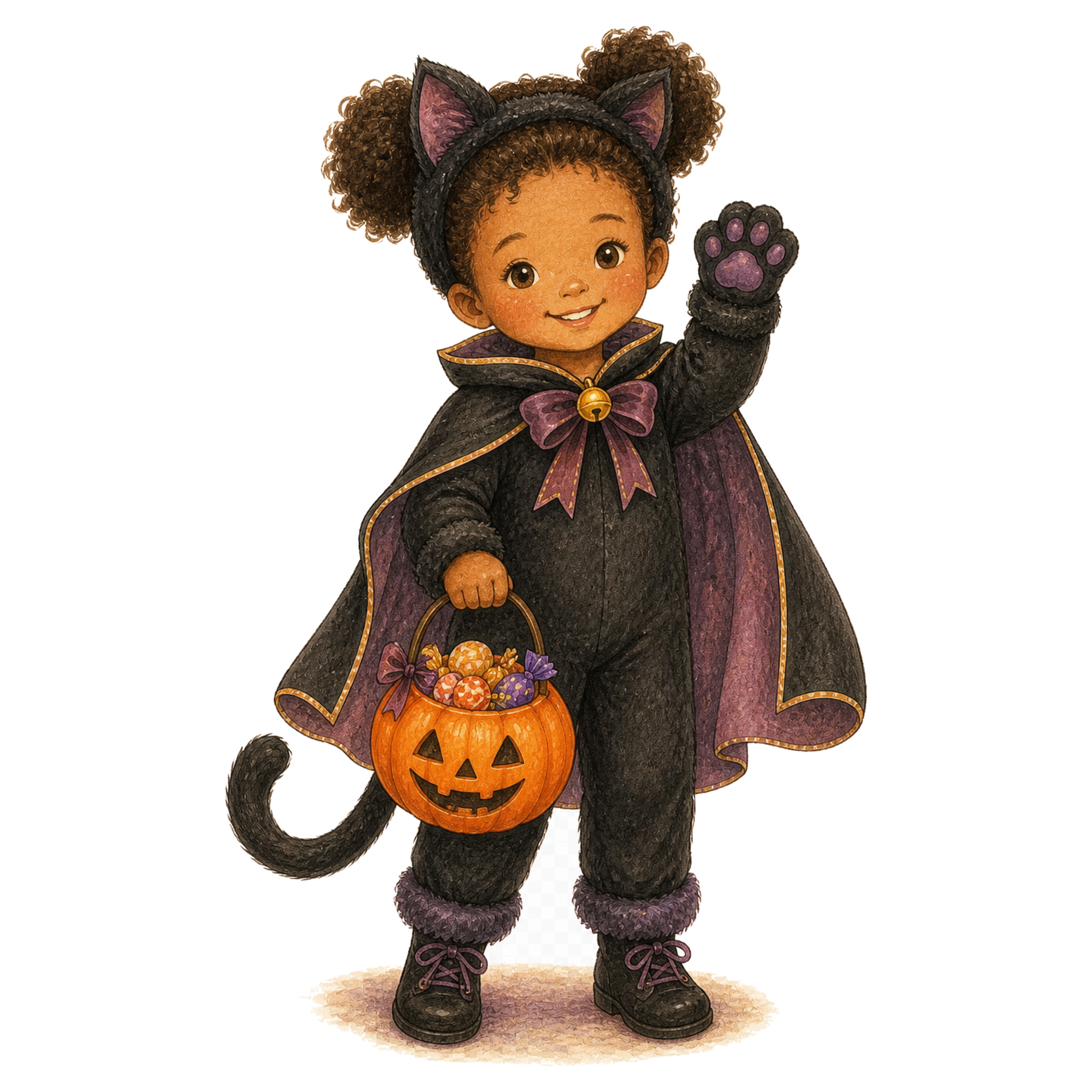 お菓子バケツを持つ黒猫の子どもイラスト｜ハロウィン無料素材95298に写真・文字を入れる