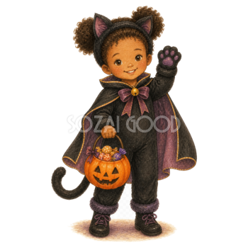 お菓子バケツを持つ黒猫の子どもイラスト｜ハロウィン無料素材95298