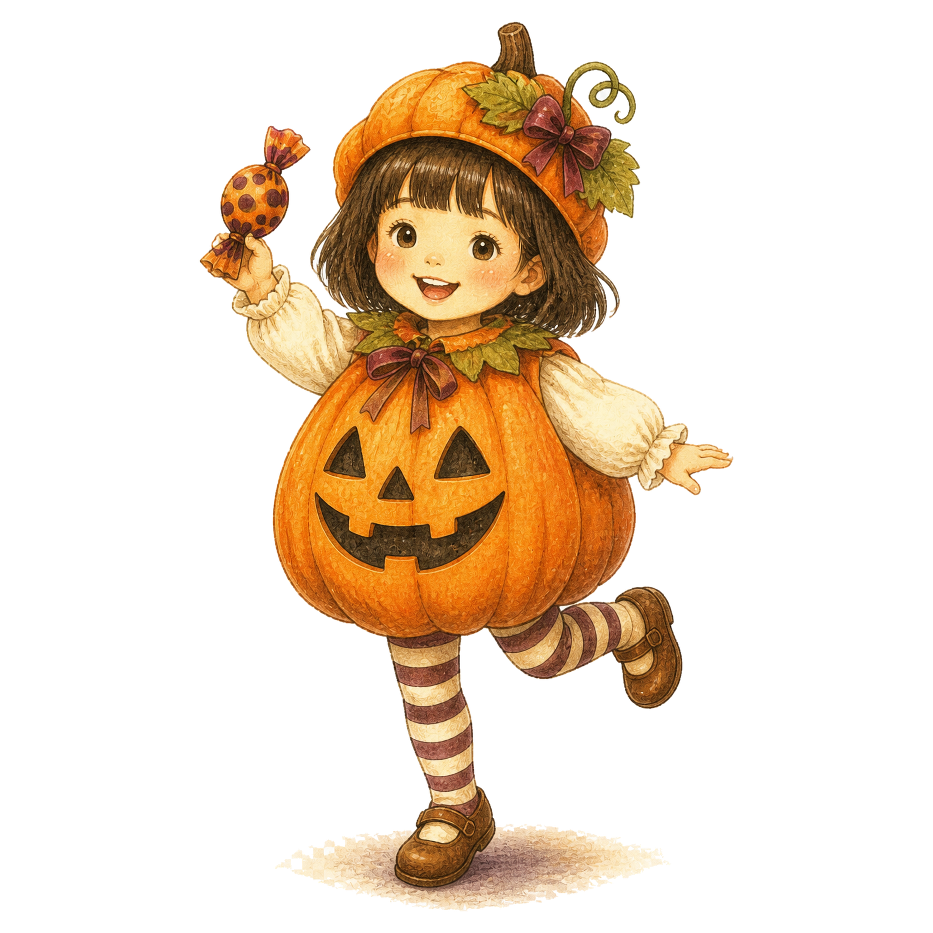 キャンディーを持つかぼちゃ仮装の子どもイラスト｜ハロウィン無料素材95299に写真・文字を入れる