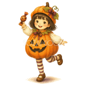 キャンディーを持つかぼちゃ仮装の子どもイラスト｜ハロウィン無料素材95299