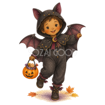 コウモリに仮装した子どものイラスト｜かわいいハロウィン無料素材95300