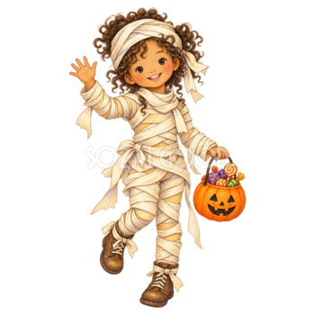 ミイラに仮装した子どものイラスト｜かわいいハロウィン無料素材95301
