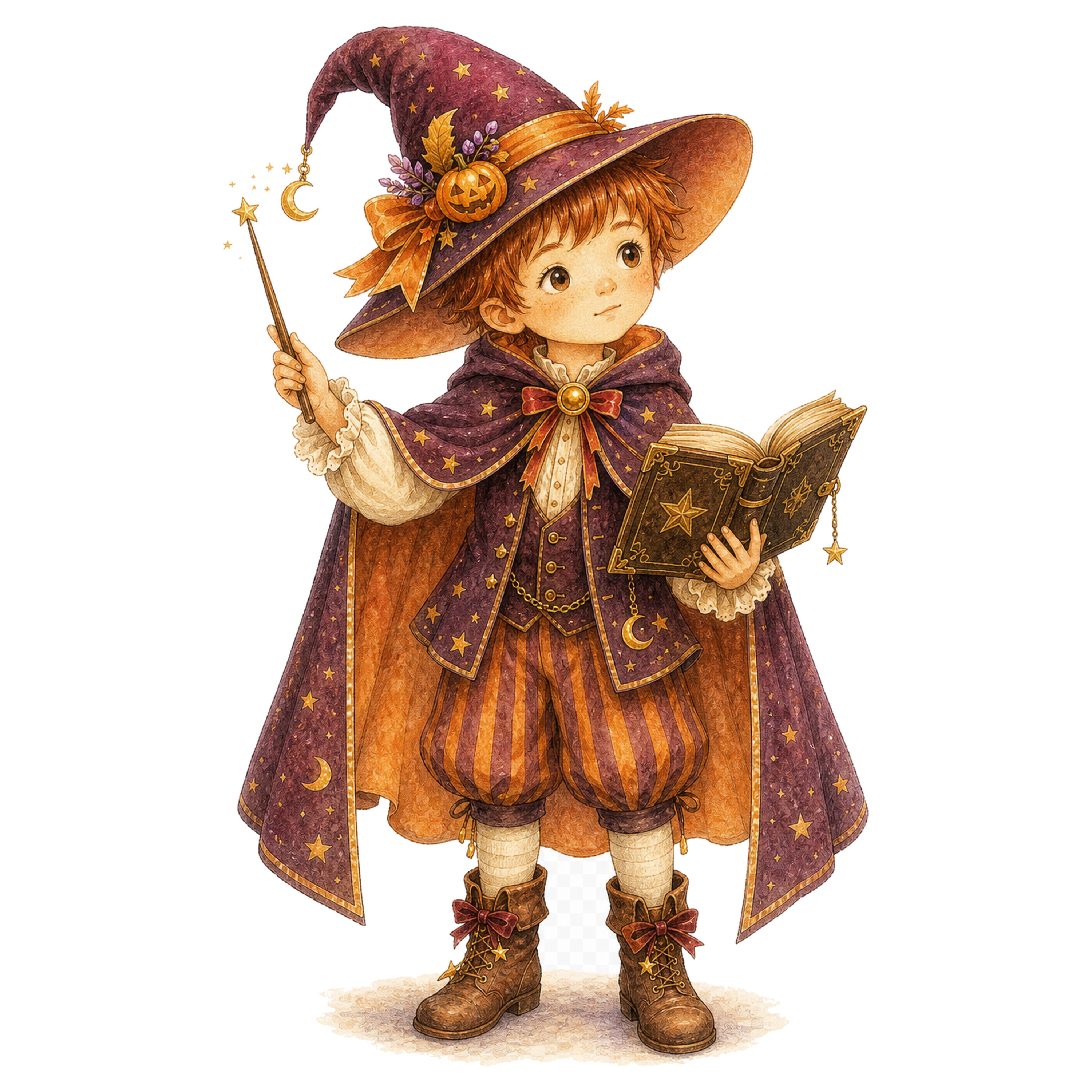魔法の本と杖を持つ魔法使いの子どもイラスト｜ハロウィン無料素材95302に写真・文字を入れる