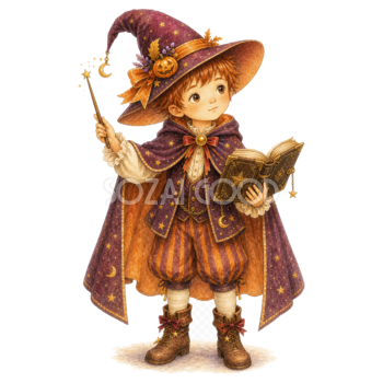 魔法の本と杖を持つ魔法使いの子どもイラスト｜ハロウィン無料素材95302