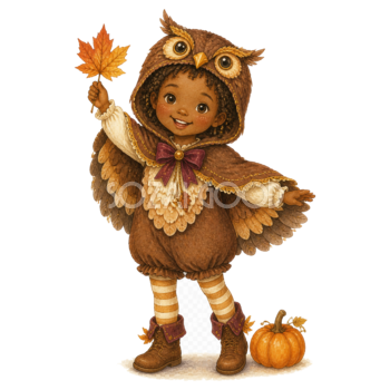 フクロウに仮装した子どものイラスト｜かわいいハロウィン無料素材95304