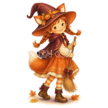 キツネの魔女に仮装した子どものイラスト｜ハロウィン無料素材95305