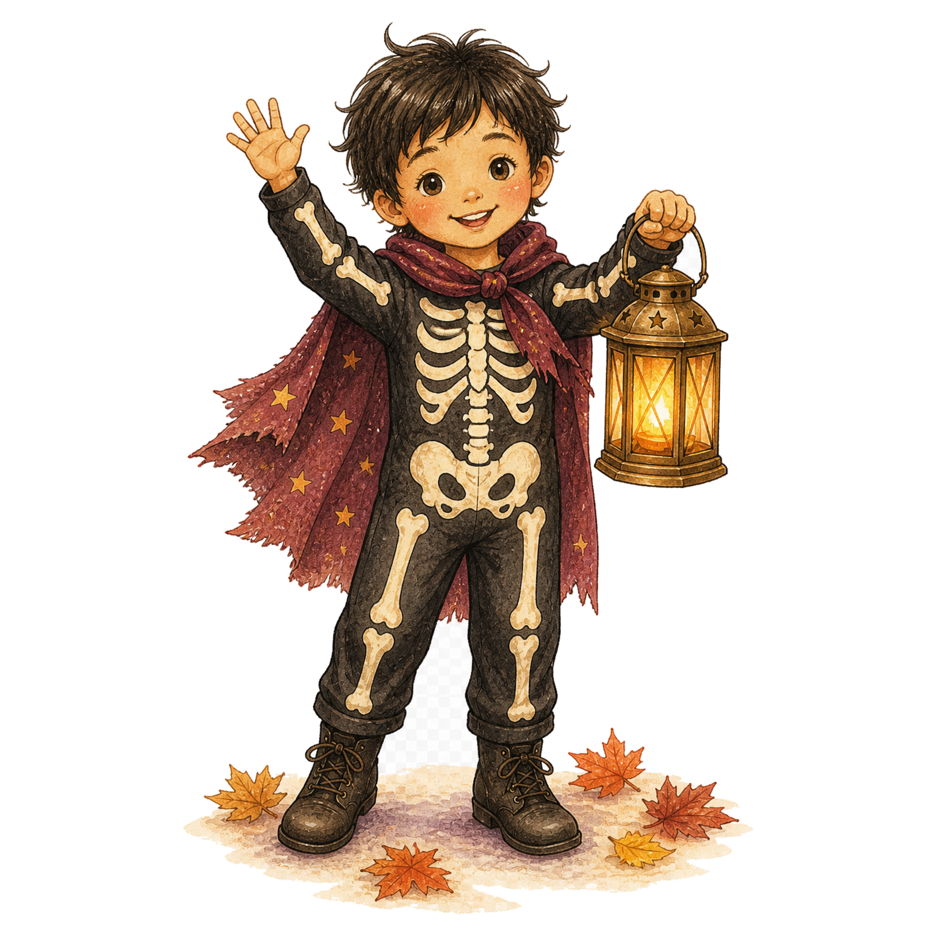 ランタンを持つガイコツ仮装の子どもイラスト｜ハロウィン無料素材95306に写真・文字を入れる