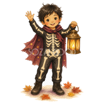 ランタンを持つガイコツ仮装の子どもイラスト｜ハロウィン無料素材95306