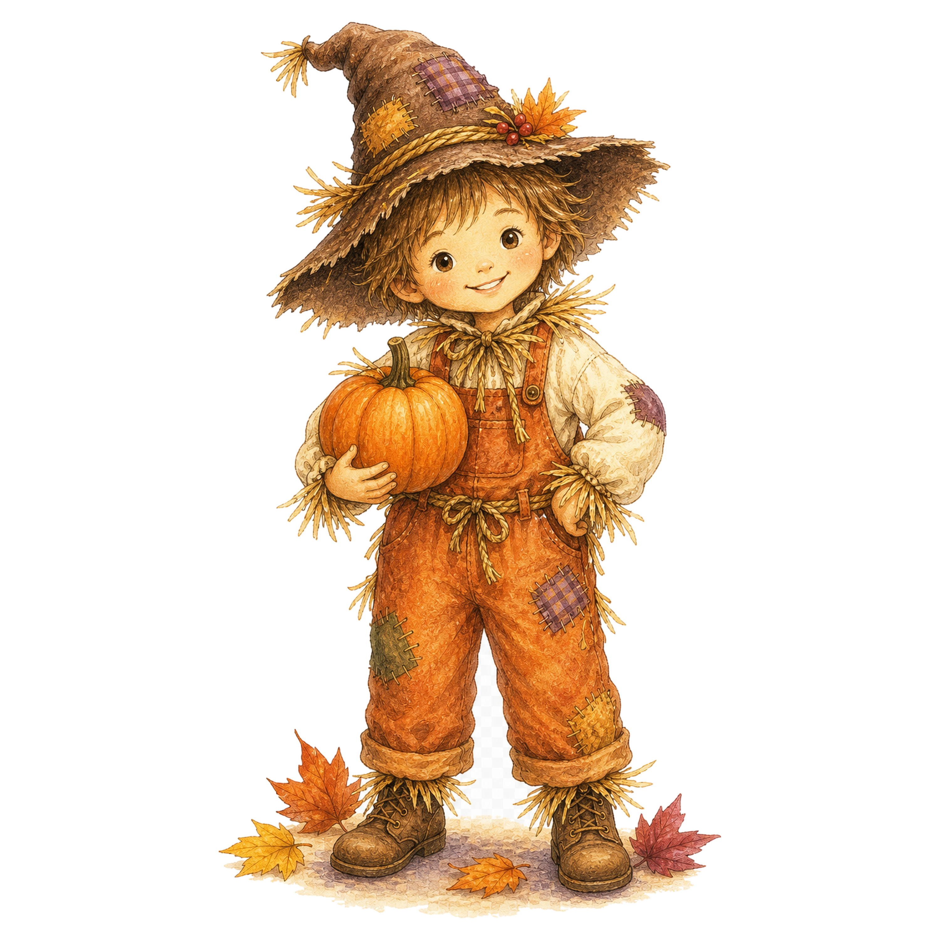 かぼちゃを抱えるかかし仮装の子どもイラスト｜ハロウィン無料素材95308に写真・文字を入れる