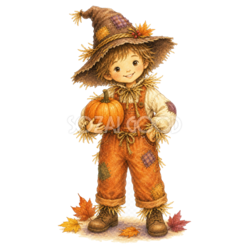 かぼちゃを抱えるかかし仮装の子どもイラスト｜ハロウィン無料素材95308