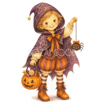 クモ飾りを持つ紫マントの子どもイラスト｜ハロウィン無料素材95310