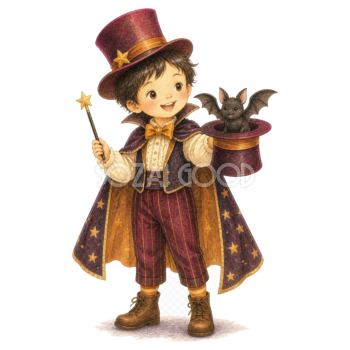 帽子からコウモリを出す手品師の子どもイラスト｜ハロウィン無料素材95313