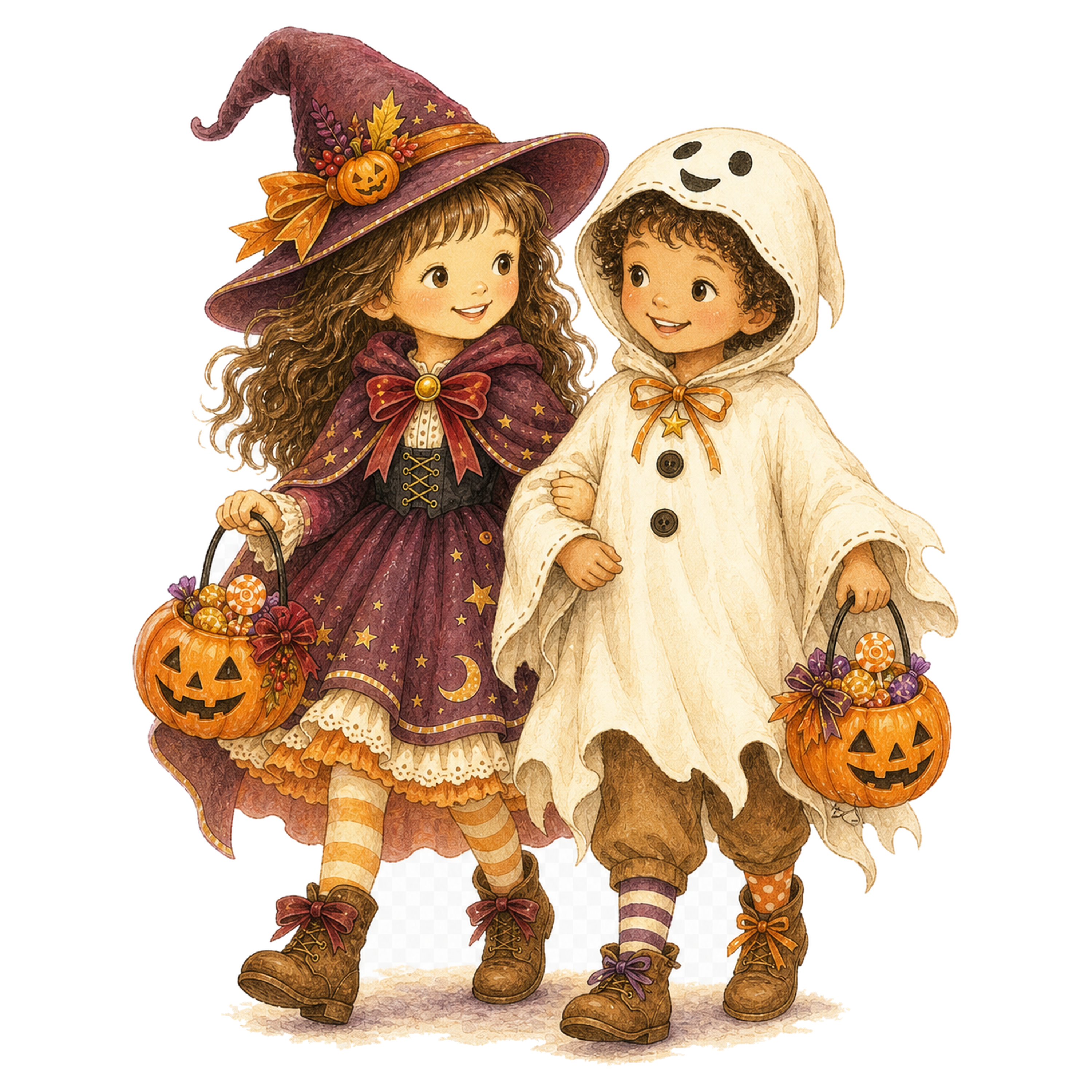 魔女とおばけに仮装した子ども2人のイラスト｜ハロウィン無料素材95315に写真・文字を入れる