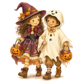 魔女とおばけに仮装した子ども2人のイラスト｜ハロウィン無料素材95315