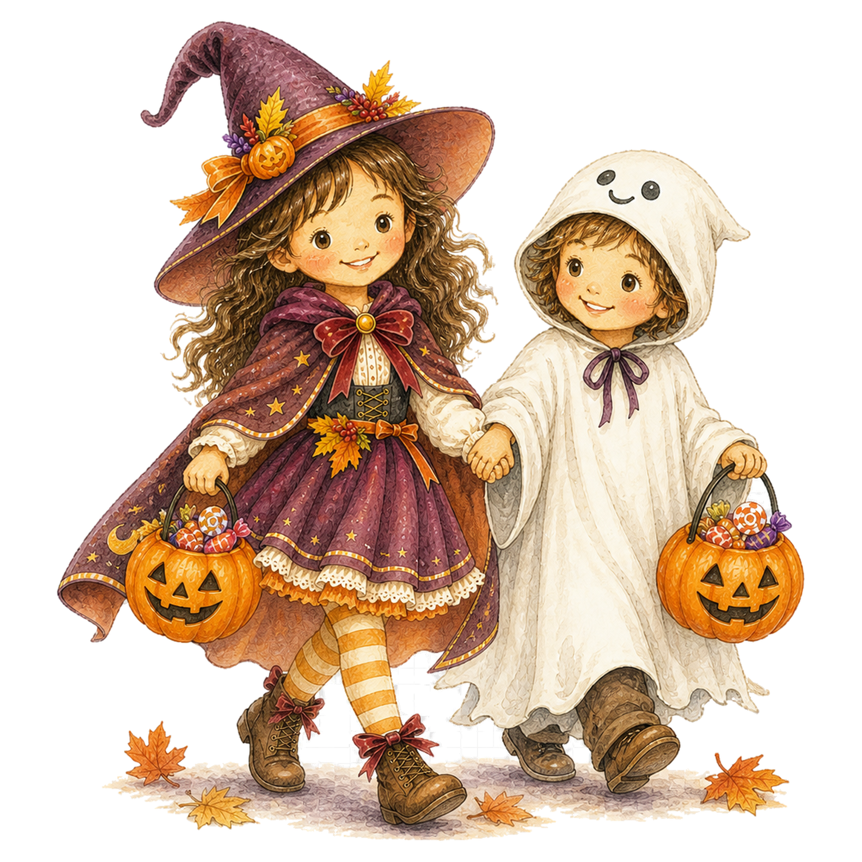 お菓子バケツを持って歩く魔女とおばけの子どもイラスト｜ハロウィン無料素材95317に写真・文字を入れる