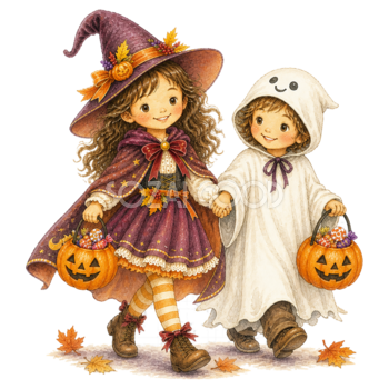 お菓子バケツを持って歩く魔女とおばけの子どもイラスト｜ハロウィン無料素材95317