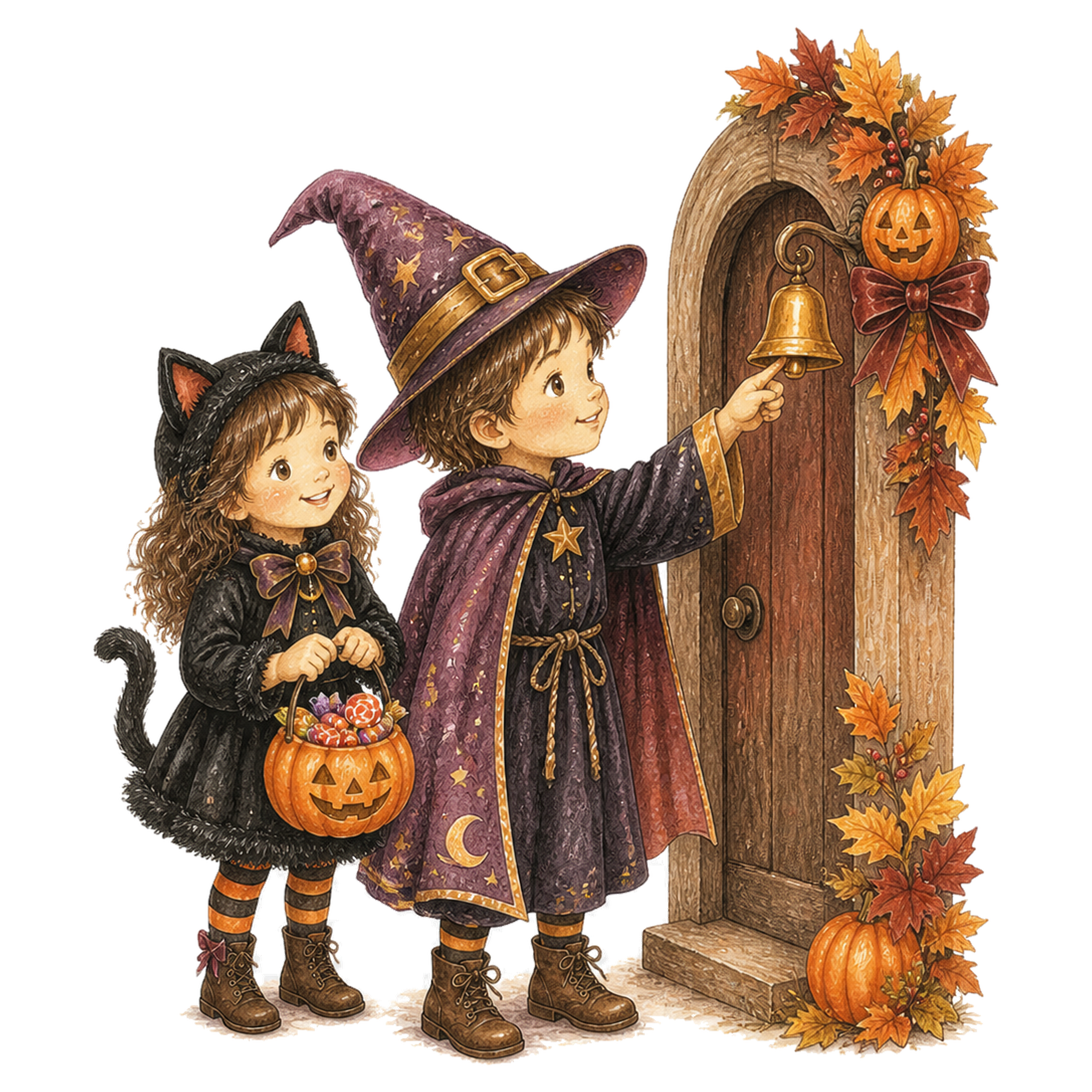 玄関ベルを鳴らす黒猫と魔法使いの子どもイラスト｜ハロウィン無料素材95318に写真・文字を入れる