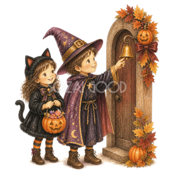 玄関ベルを鳴らす黒猫と魔法使いの子どもイラスト｜ハロウィン無料素材95318