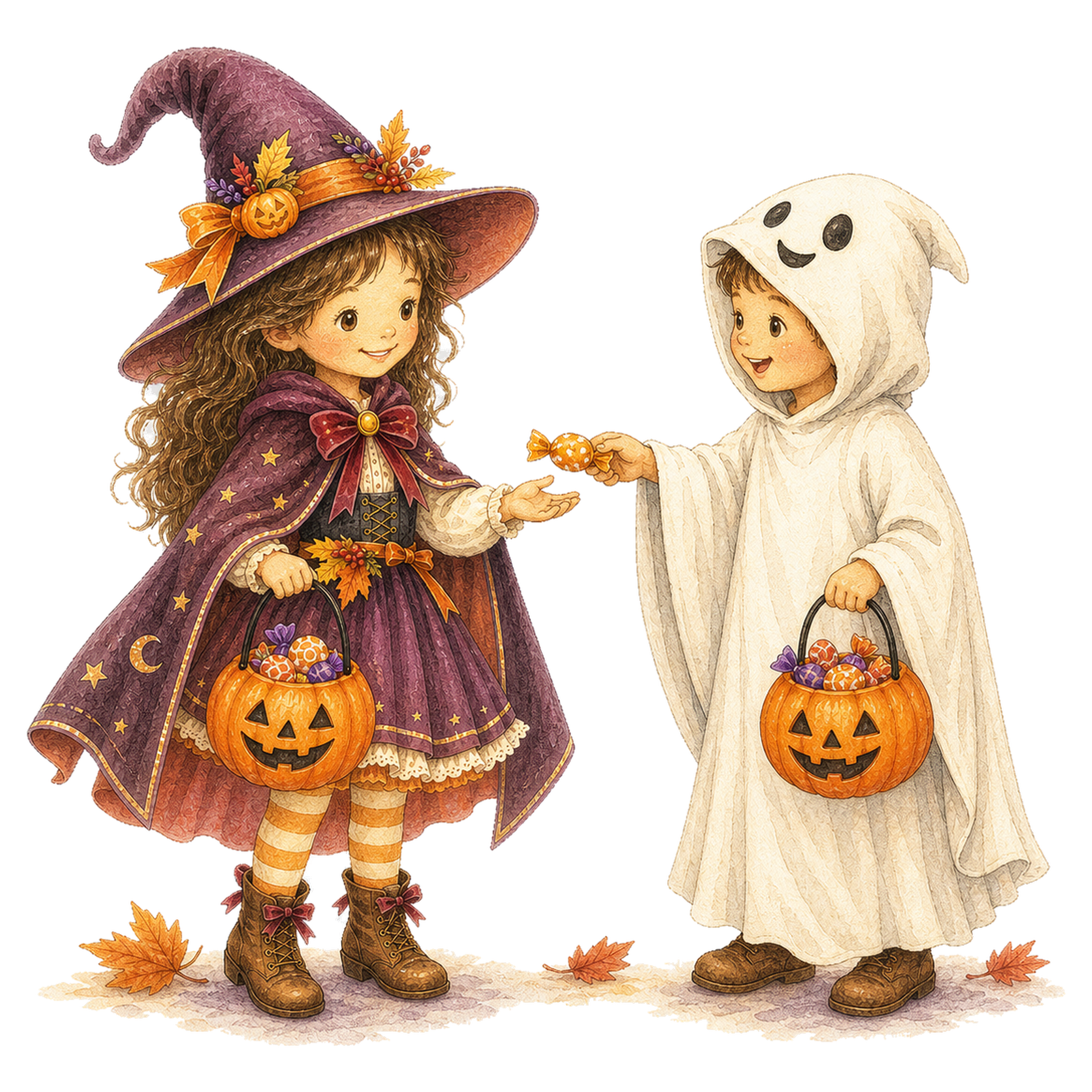 キャンディーを手渡す魔女とおばけの子どもイラスト｜ハロウィン無料素材95319に写真・文字を入れる