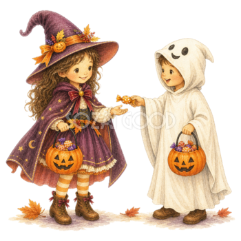 キャンディーを手渡す魔女とおばけの子どもイラスト｜ハロウィン無料素材95319