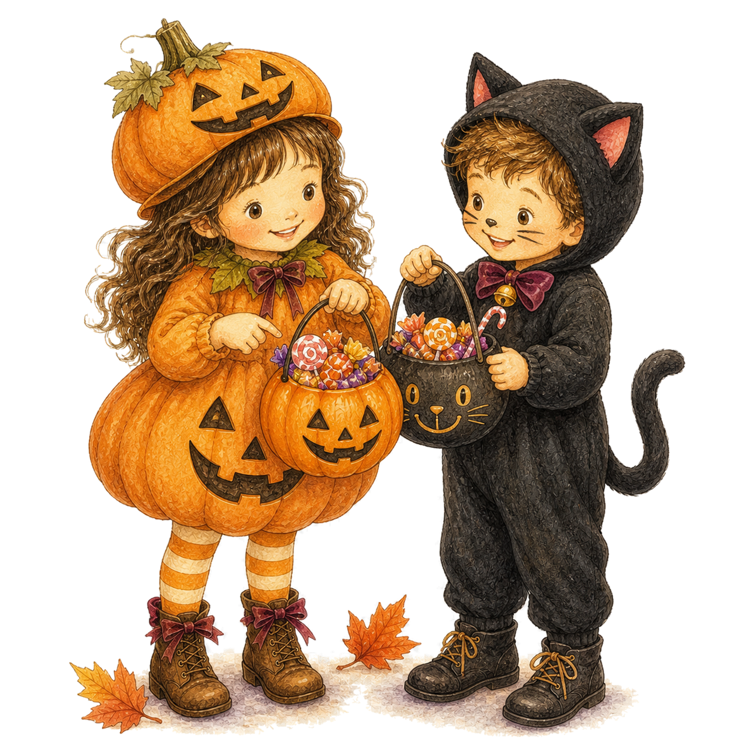 お菓子バケツを見せ合うかぼちゃと黒猫の子どもイラスト｜ハロウィン無料素材95320に写真・文字を入れる